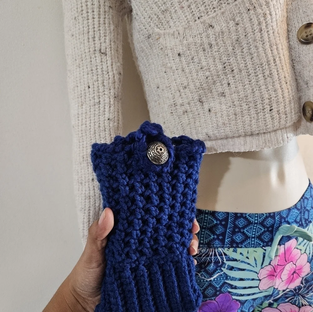 Hand Crafted hand knit crochet phone handbag color electric blue handmade beaded